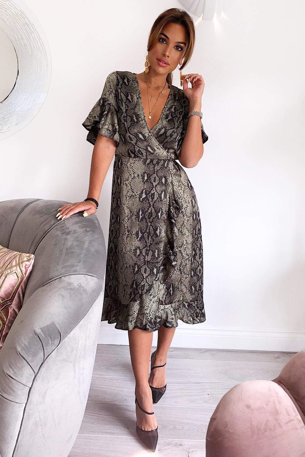 Kikodress - Snake Print Frill Wrap Midi Dress