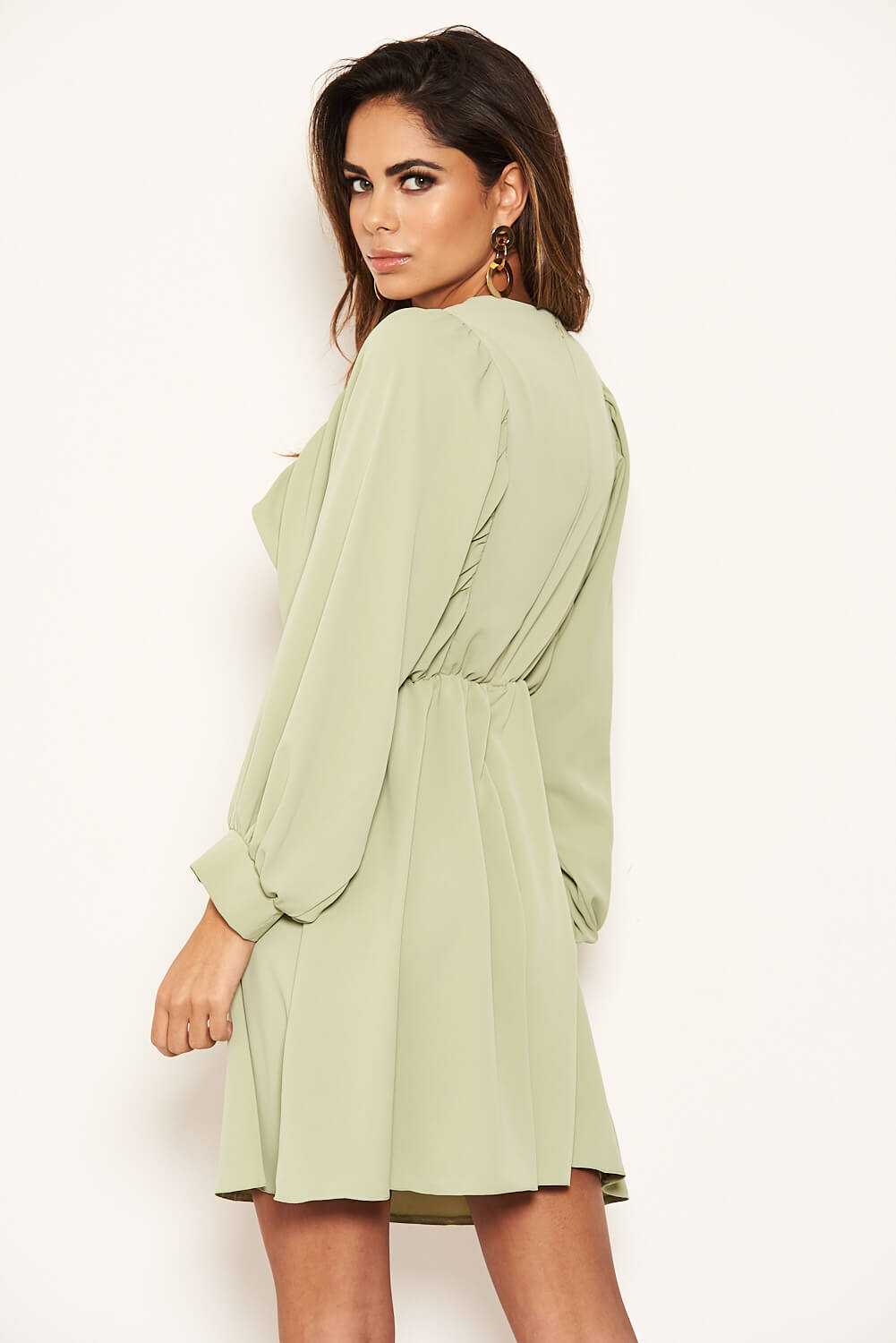 Kikodress - Mint Pleated V Neck Mini Dress
