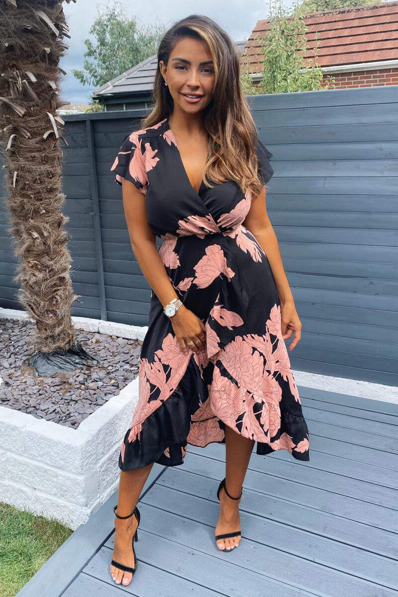 Kikodress - Black and Blush Floral Print Wrap Midi Dress