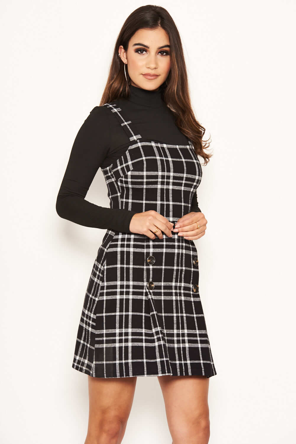 Kikodress - Black Check Button Front Detail Skater Dress
