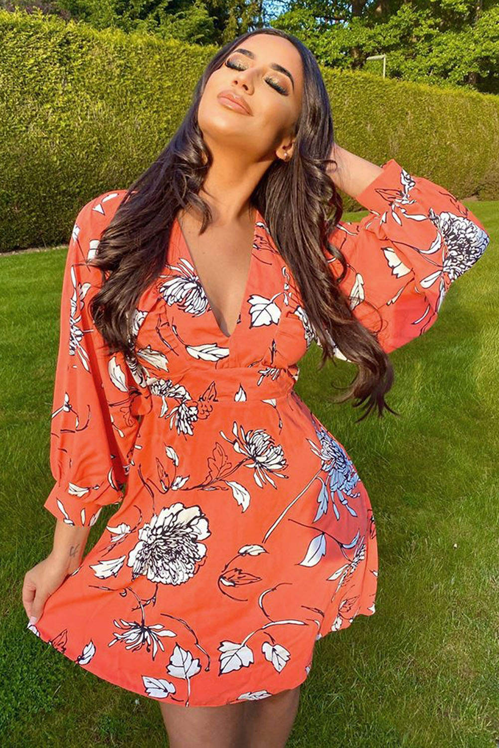 Kikodress - Coral Floral Wide Sleeve Dress