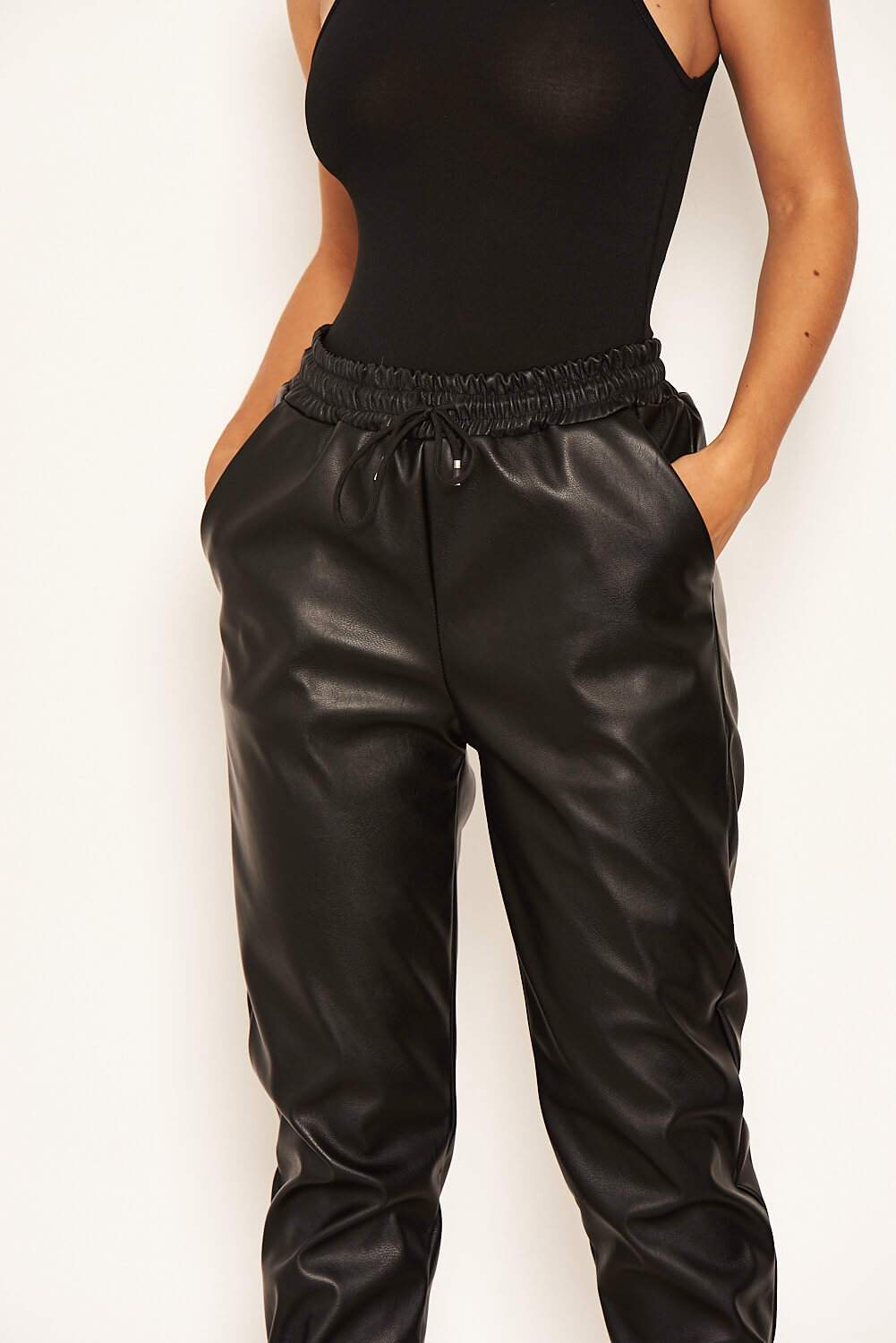 Kikodress - Black Faux Leather Joggers