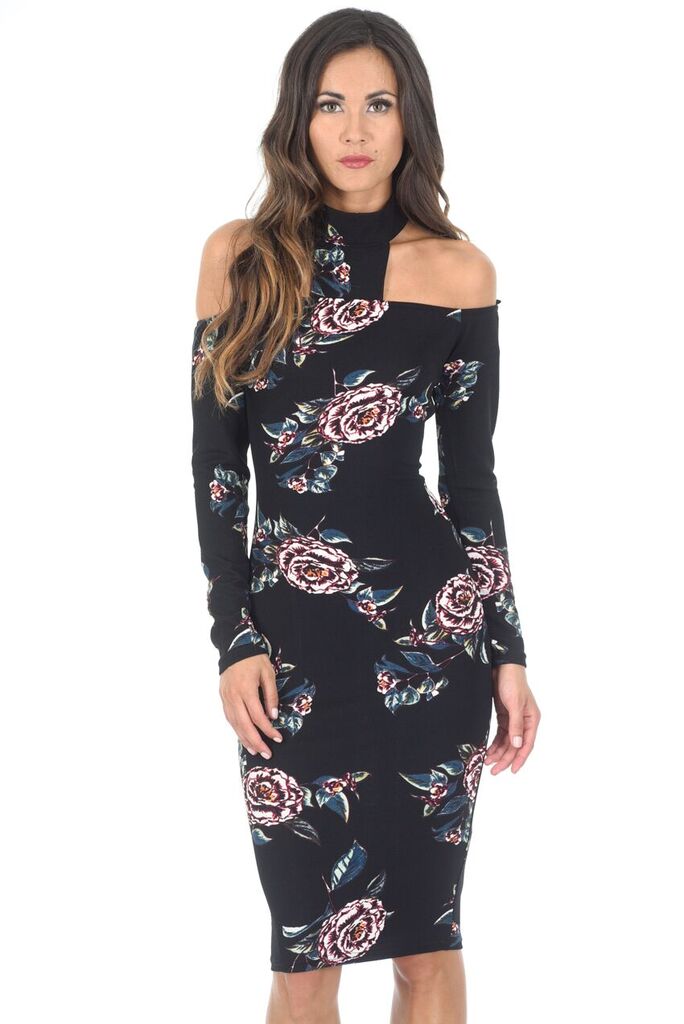 Kikodress - Black Off The Shoulder Floral Midi Bodycon Dress