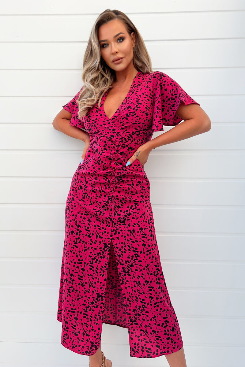 Kikodress - Pink And Black Printed Split Skirt Midi Dress