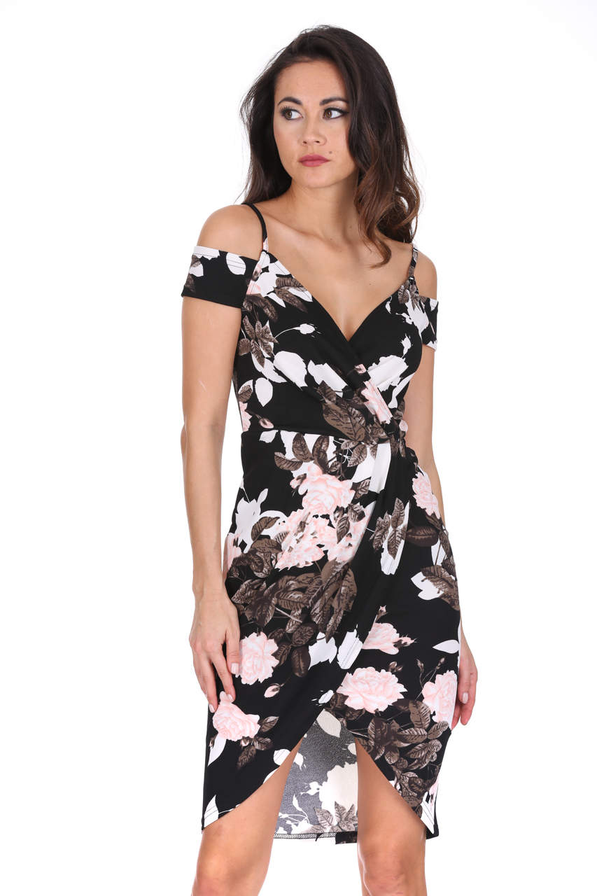 Kikodress - Black Floral Cold Shoulder Midi Dress