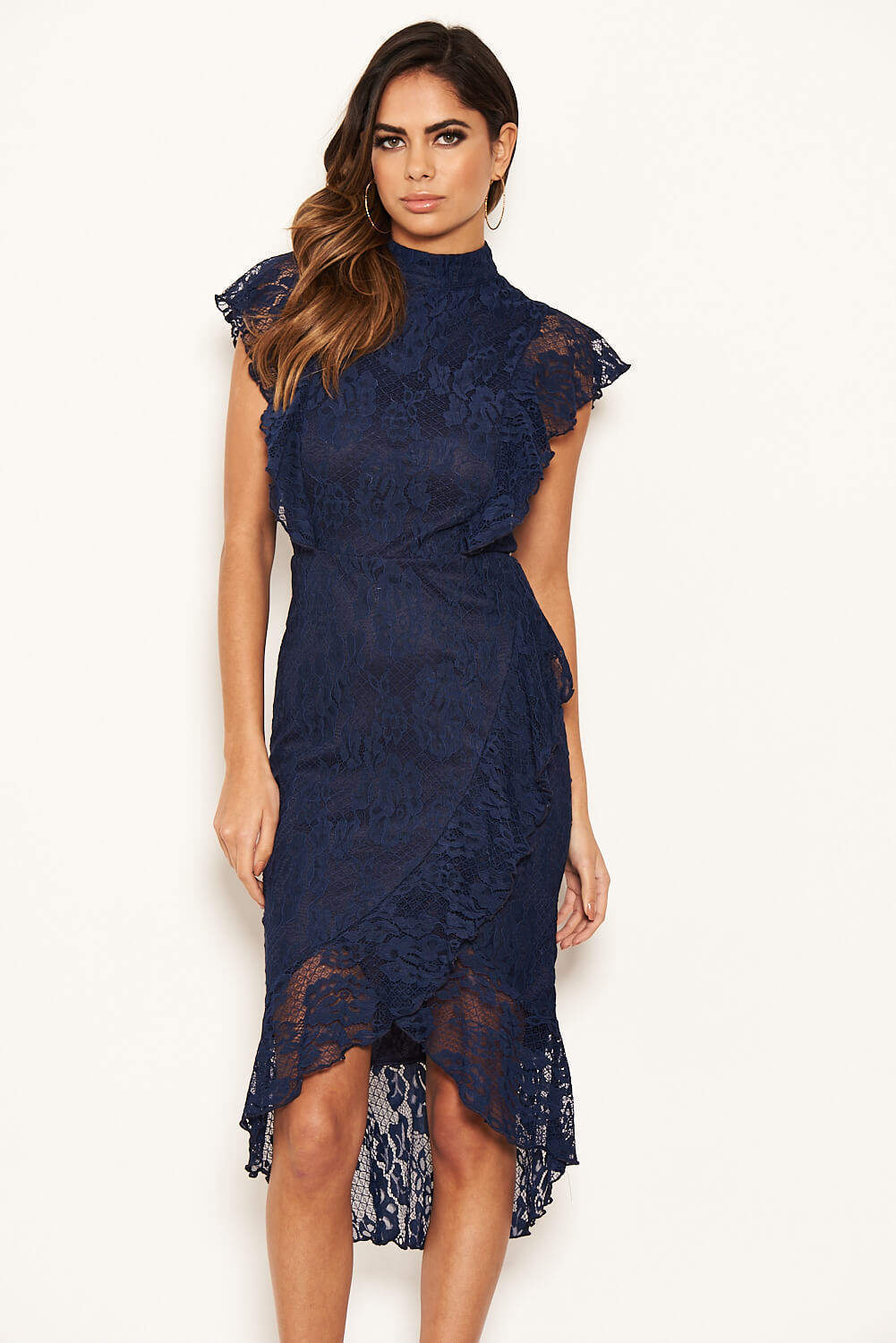 Kikodress - Navy Lace Fish Tail Frill Sleeve Midi Dress