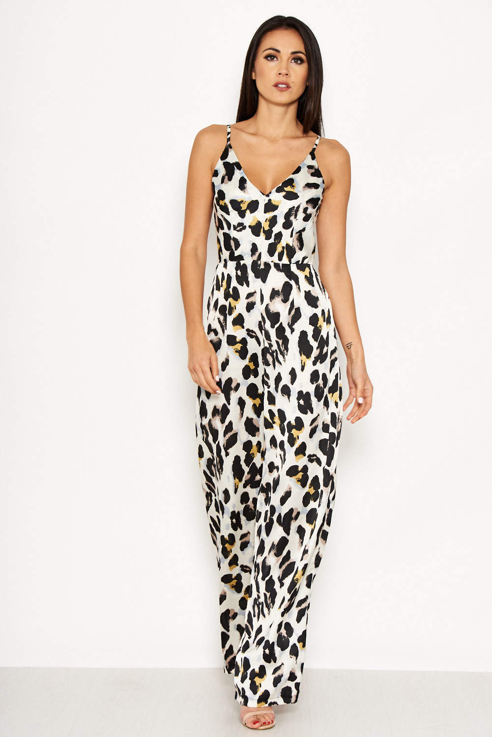 Kikodress - Cream Animal Print V Neck Jumpsuit