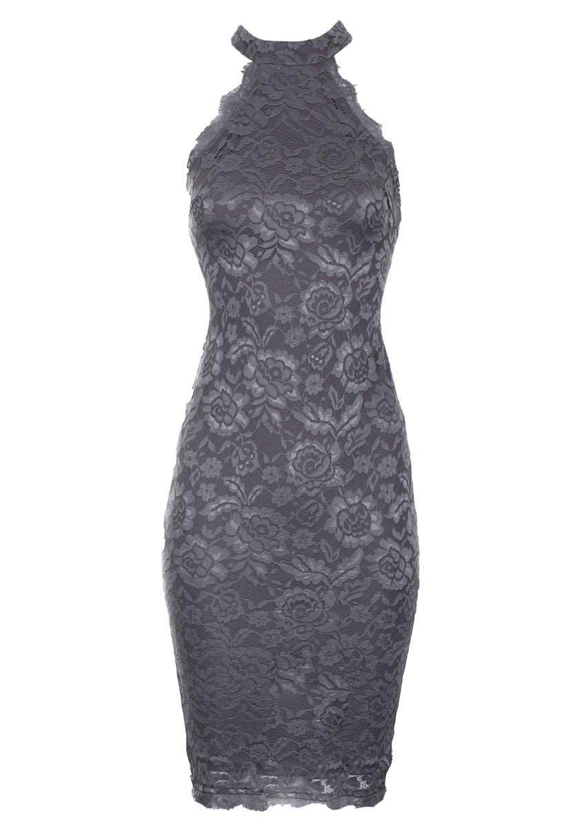 Kikodress - Dark Grey Lace Halter Neck Midi Dress