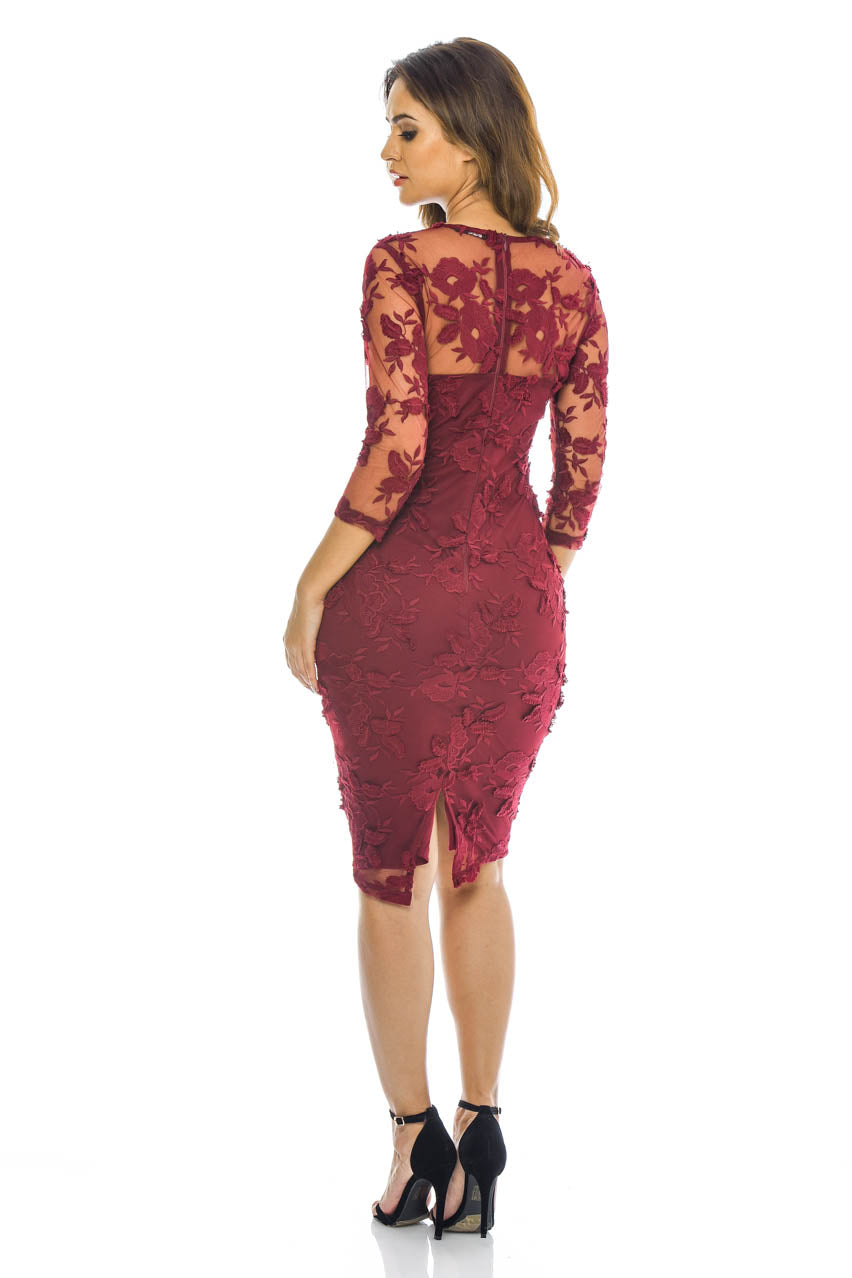 Kikodress - Wine Midi Floral Dress with Lace Detail
