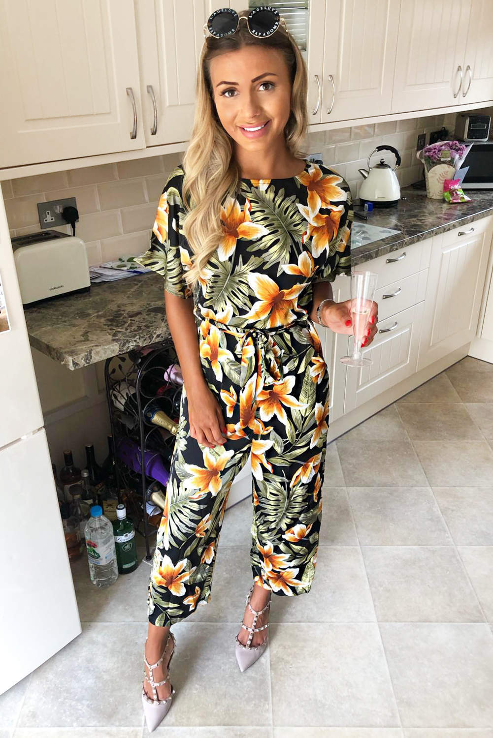 Kikodress - Tropical Print Belted Jumpsuit