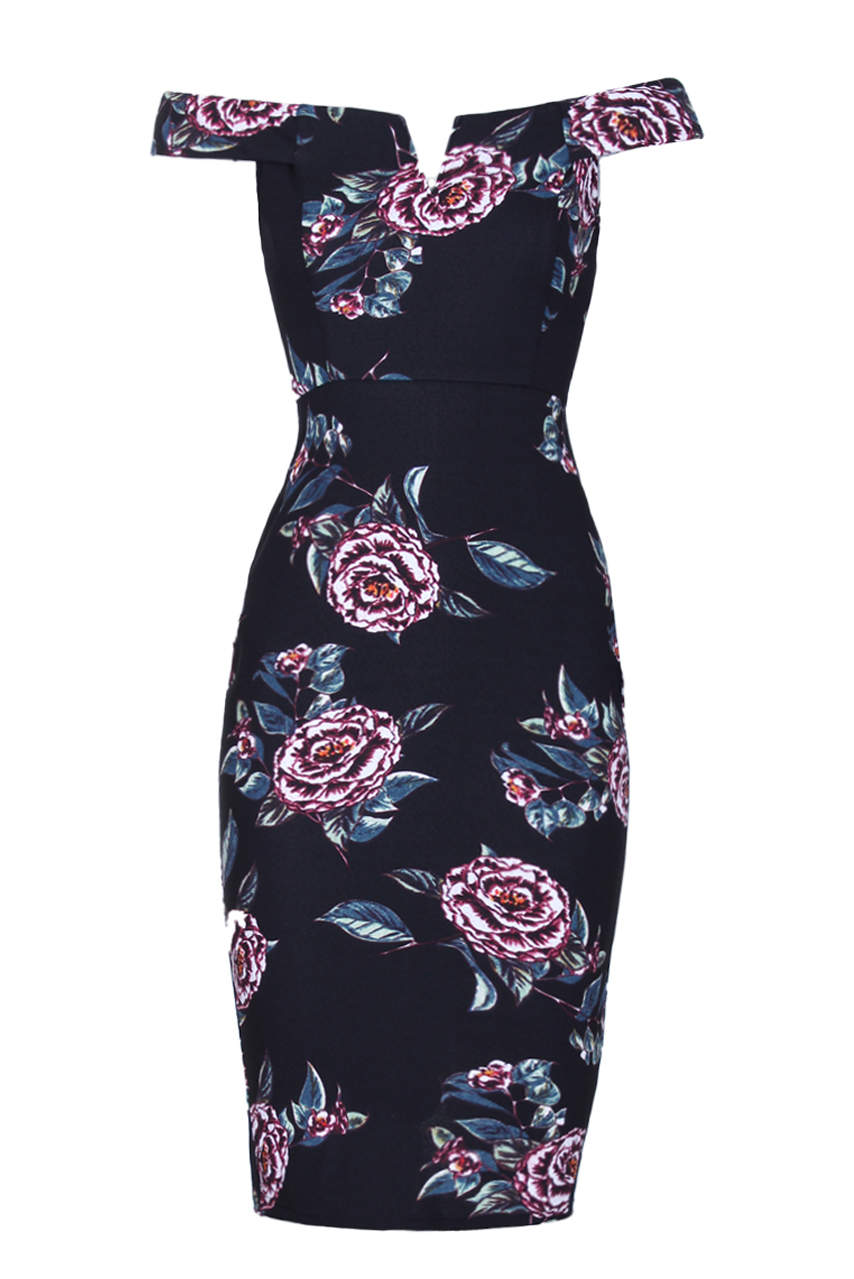 Kikodress - Black Floral Off The Shoulder Midi Dress