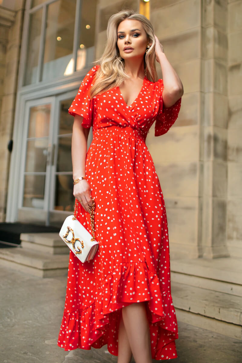 Kikodress - Red And White Polka Dot Printed High Low Midi Dress