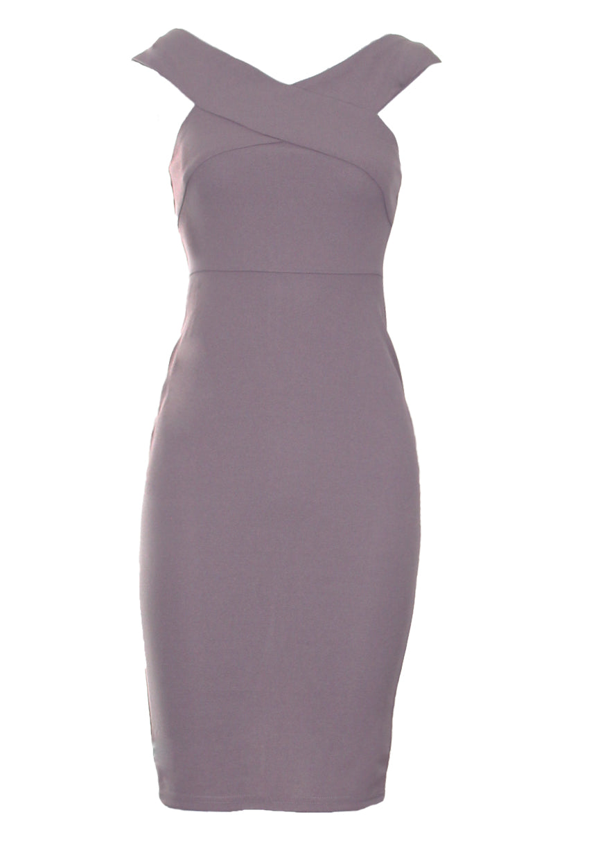 Kikodress - Pewter Cross Over Bardot Bodycon Dress