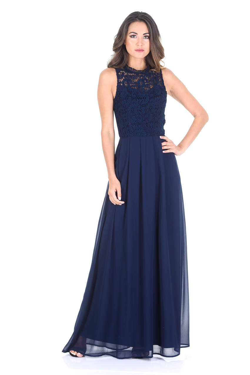 Kikodress - Navy Crochet Top Chiffon Maxi Dress