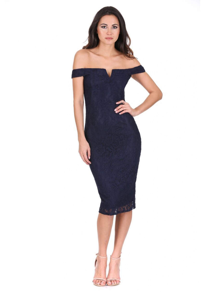 Kikodress - Navy Lace Bardot Midi Dress