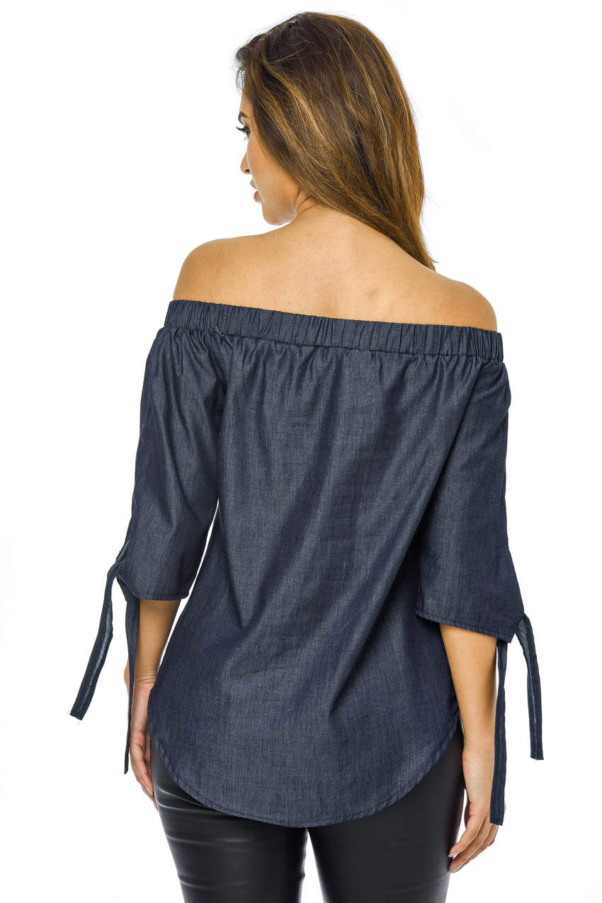 Kikodress - Off The Shoulder Denim Embroidered Top