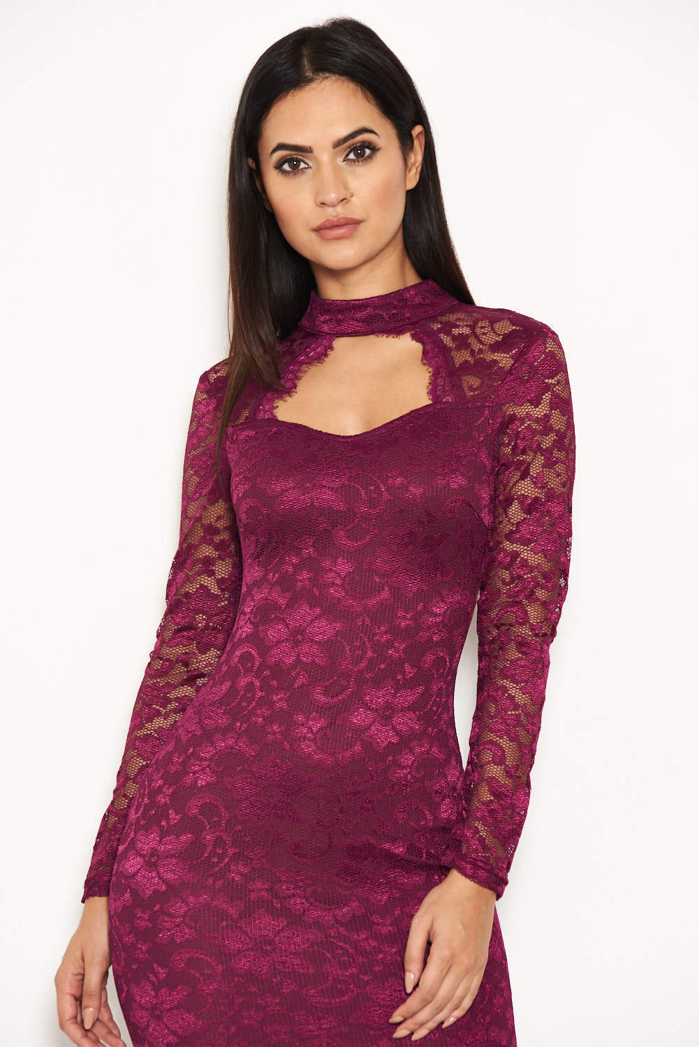 Kikodress - Plum Lace Midi Dress With Long Sleeves