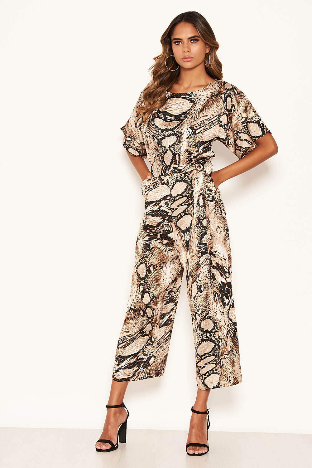 Kikodress - Snake Printed Culotte Jumpsuit With Tie Belt