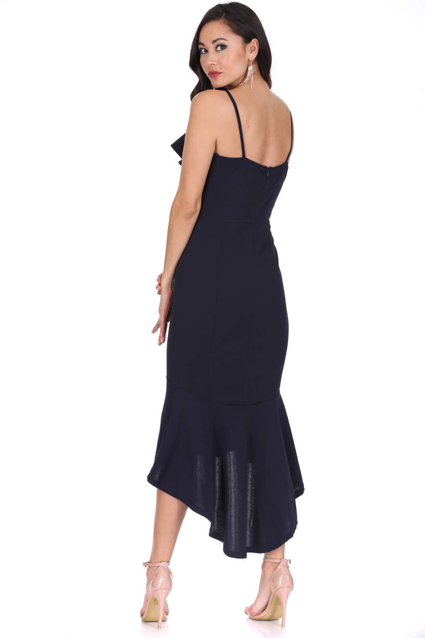 Kikodress - Navy Wrap Fishtail Midi Dress