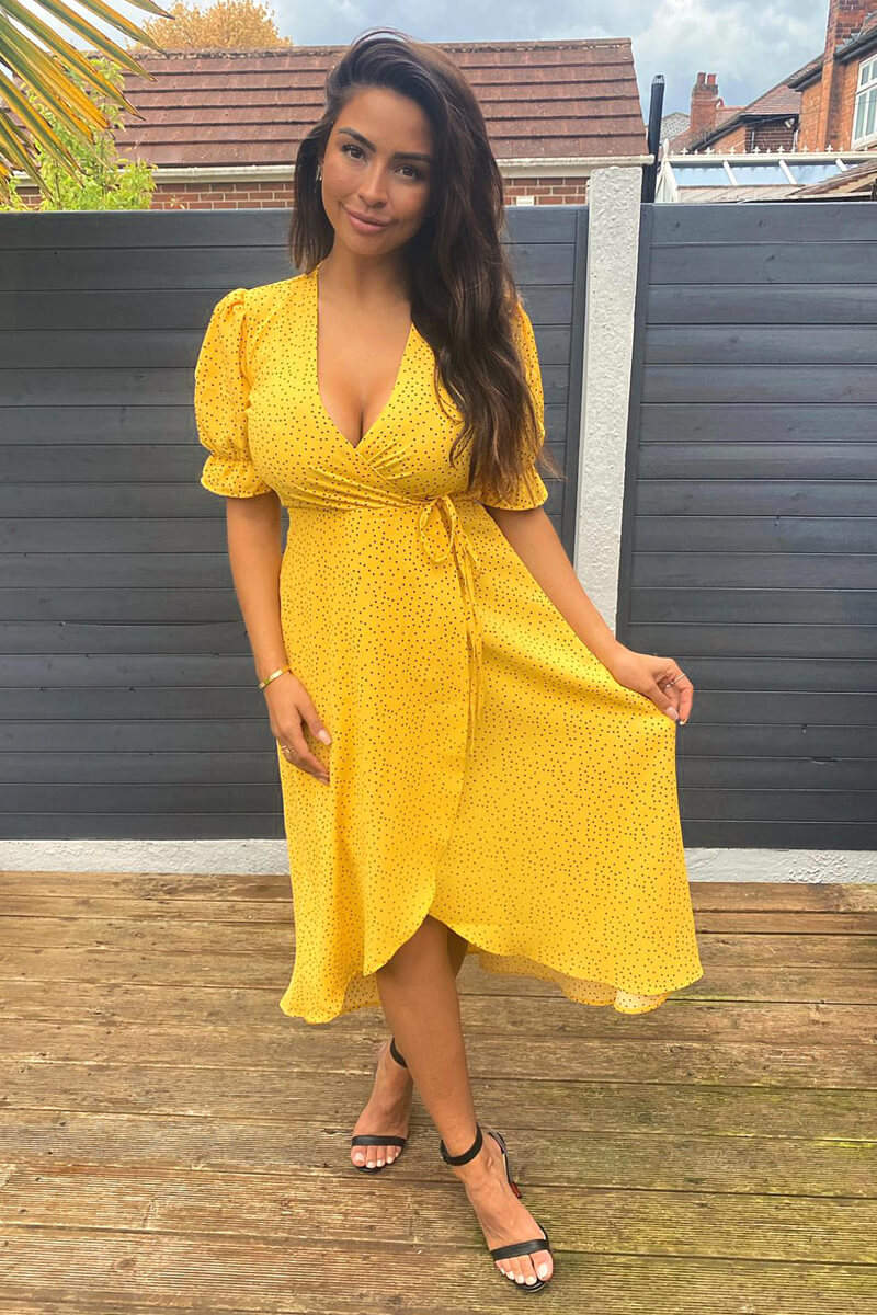 Kikodress - Yellow Polka Dot Wrap Midi Dress