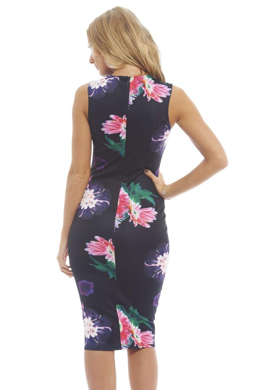 Kikodress - Floral Bodycon Midi With Mesh Insert