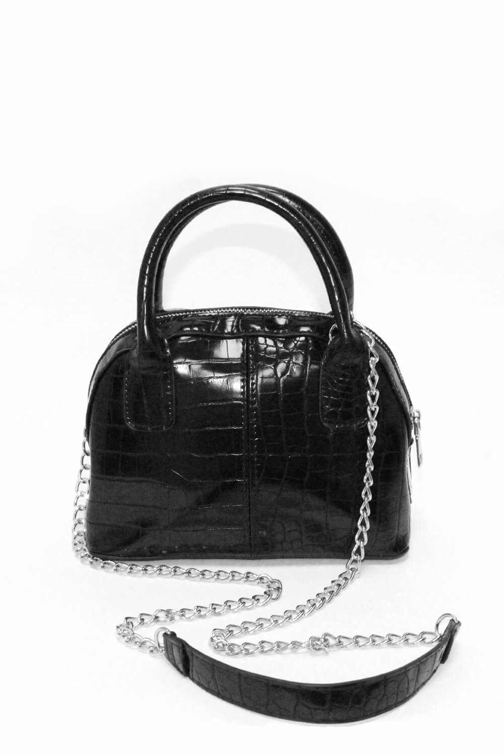 Kikodress - Black Croc Mini Bag With Silver Chain Strap