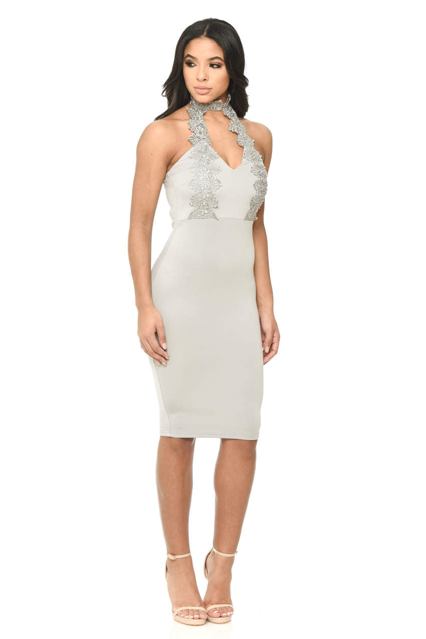 Kikodress - Silver Halterneck Choker Dress With Lace Detail