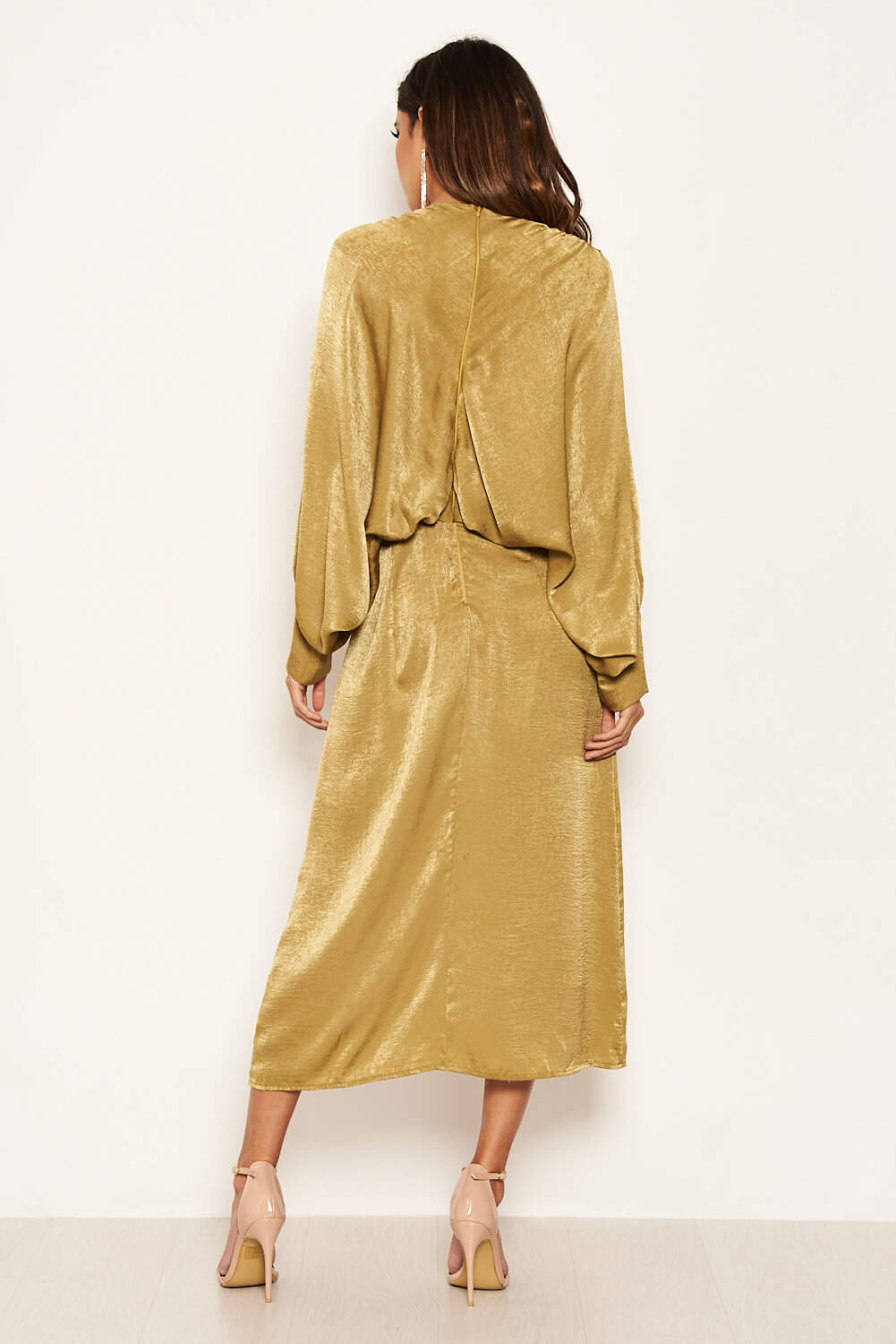 Kikodress - Olive Bat Wing V Neck Midi Dress