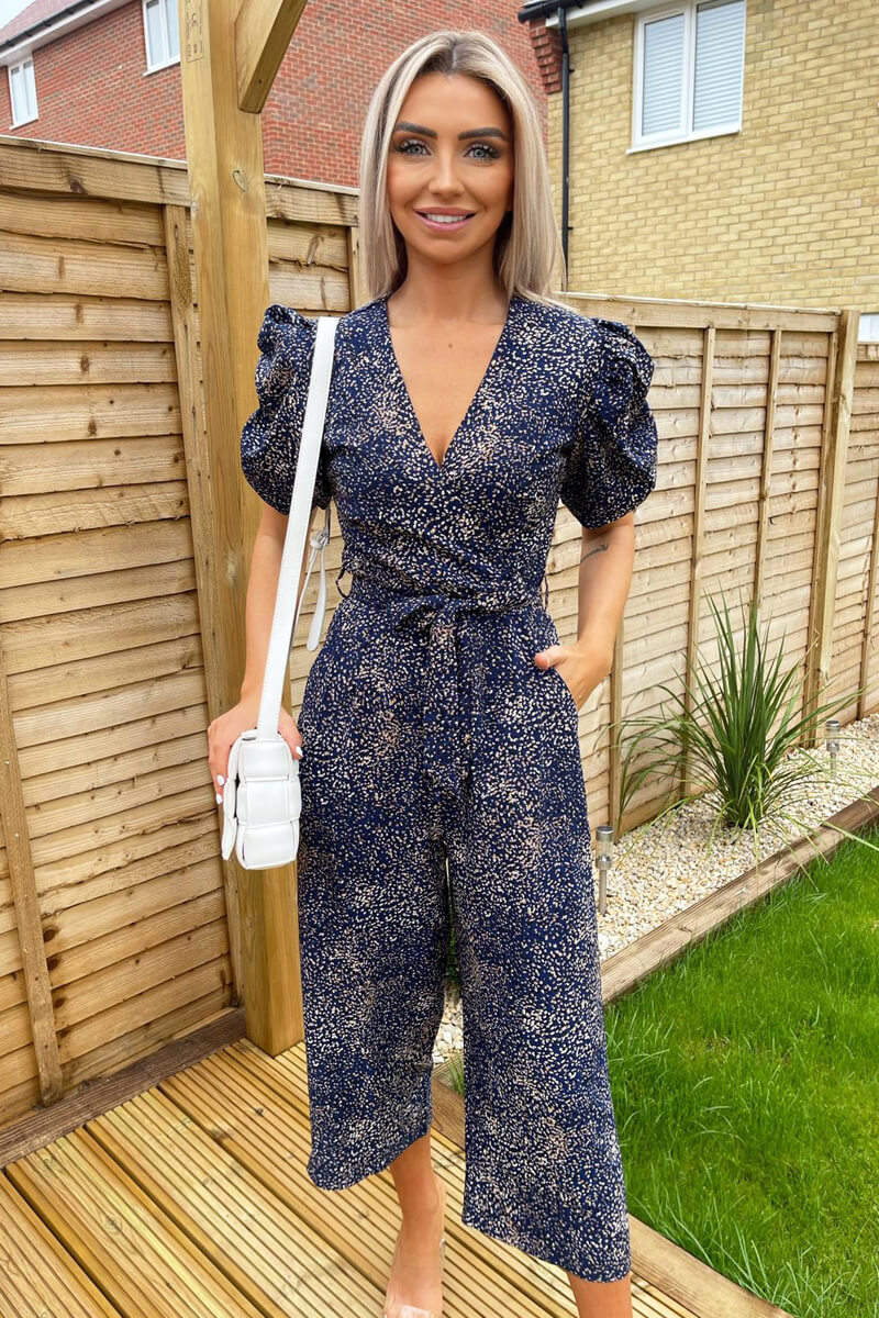 Kikodress - Navy Printed Puff Wrap Over Jumpsuit