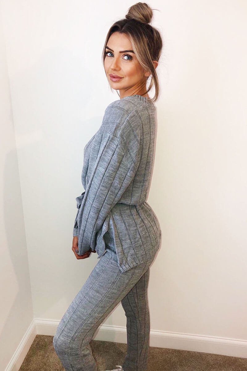 Kikodress - Grey Chunky Knit Tie Waist Lounge Suit