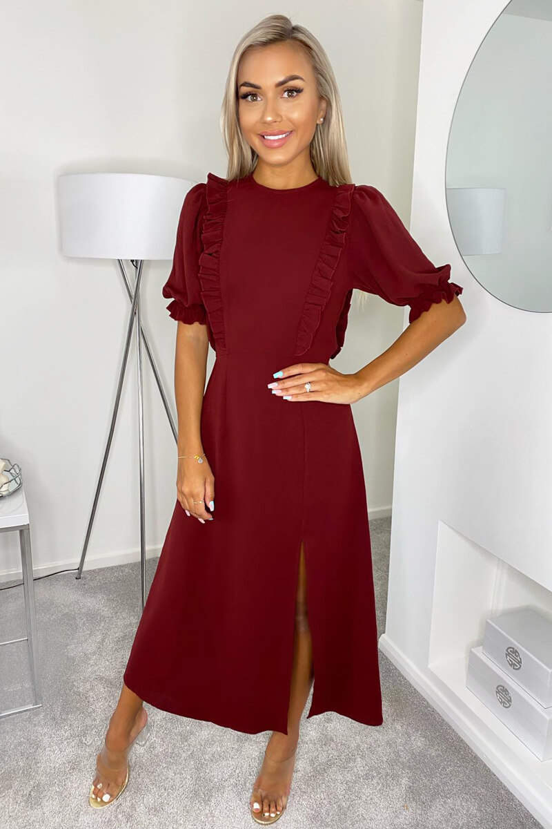 Kikodress - Wine Ruffle Split Leg Midi Dress