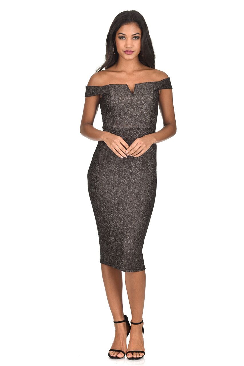 Kikodress - Black Off The Shoulder Sparkle Midi Dress