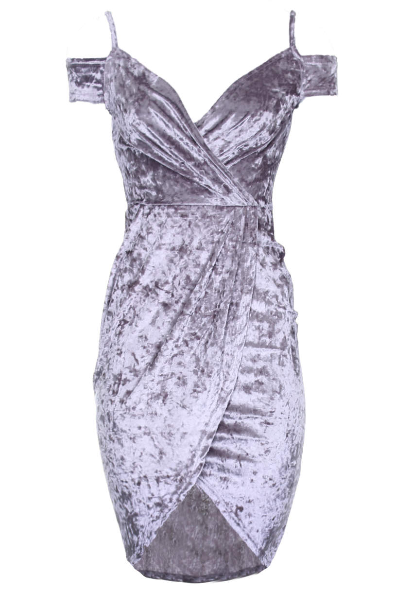Kikodress - Grey Crushed Velvet Wrap Dress