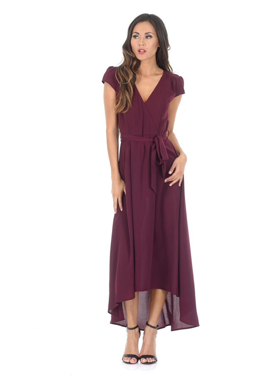 Kikodress - Plum Capped Sleeve Waterfall Dress