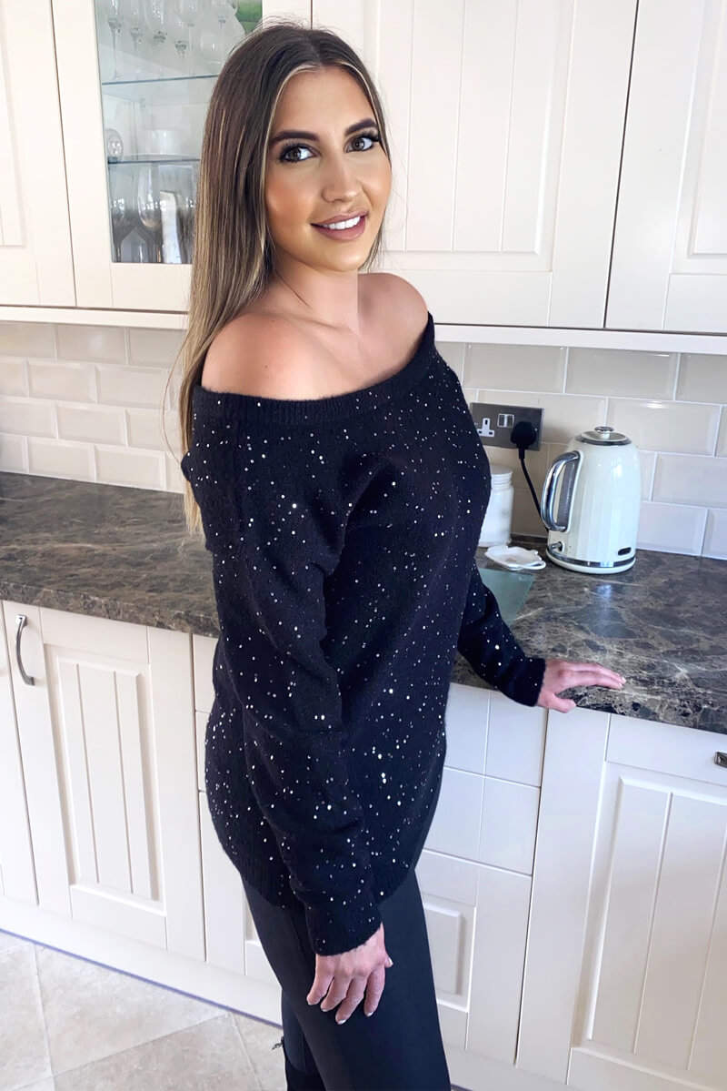 Kikodress - Black Sequin Off The Shoulder Knit Jumper