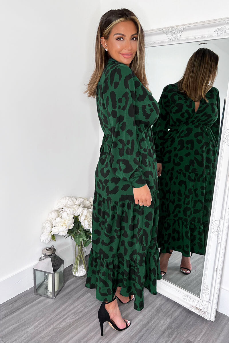 Kikodress - Green Leopard Print Long Sleeve Smock Midi Dress