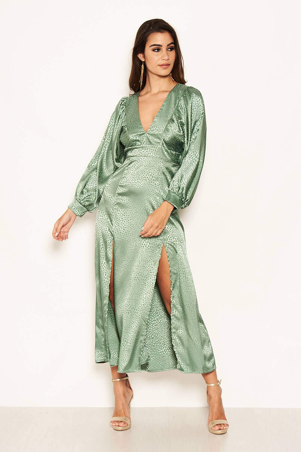 Kikodress - Duck Egg Satin Printed Maxi Dress with Front Splits