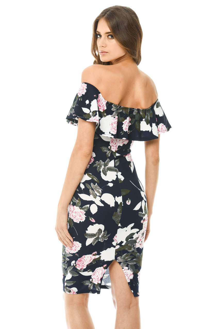 Kikodress - Navy Printed Floral Bardot Midi Dress