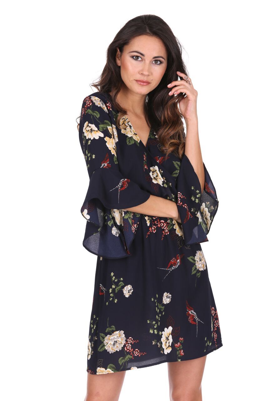 Kikodress - Navy Floral Elasticated Waist Dress