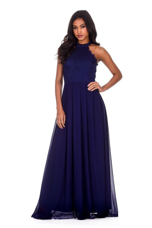 Kikodress - Navy Lace Choker Neck Maxi Dress