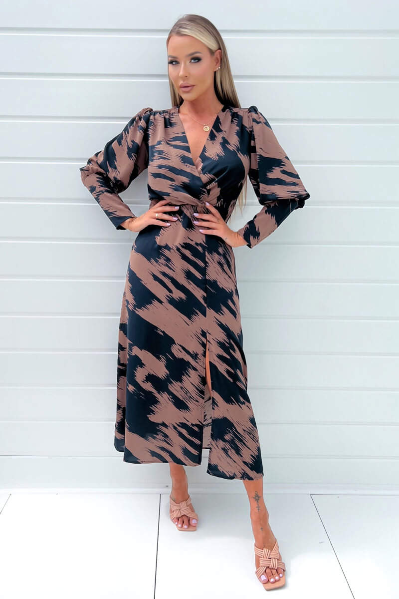 Kikodress - Brown And Navy Printed Long Sleeve Midi Dress