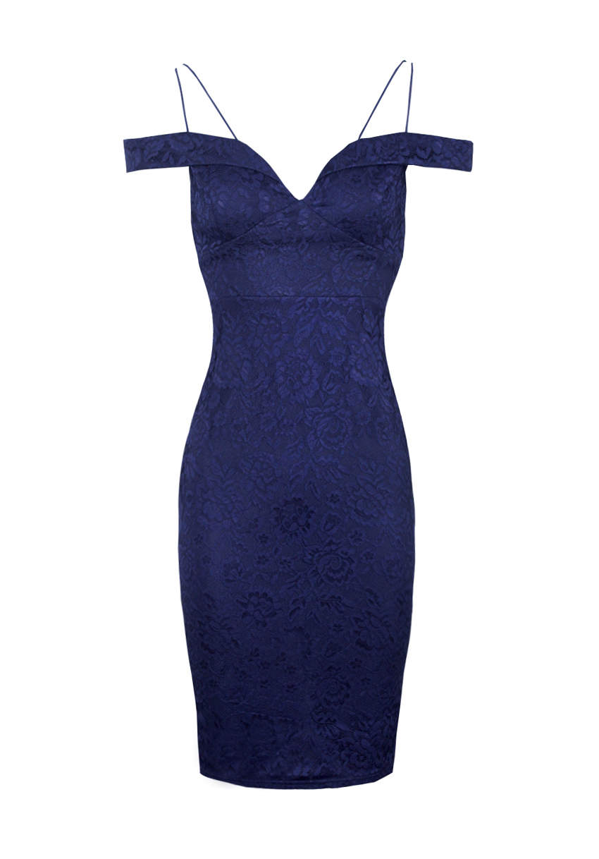 Kikodress - Navy Off The Shoulder Strappy Lace Midi Dress