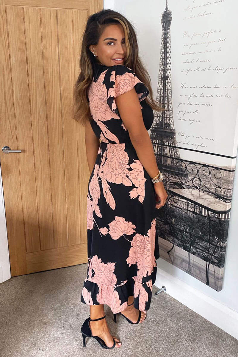 Kikodress - Black and Blush Floral Print Wrap Midi Dress