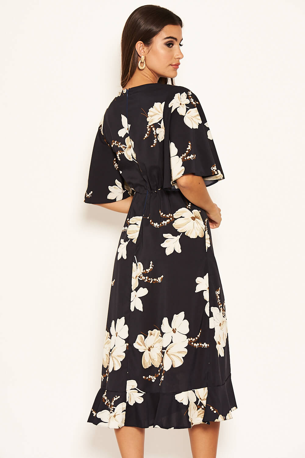 Kikodress - Navy Floral Gathered Frill Midi Dress
