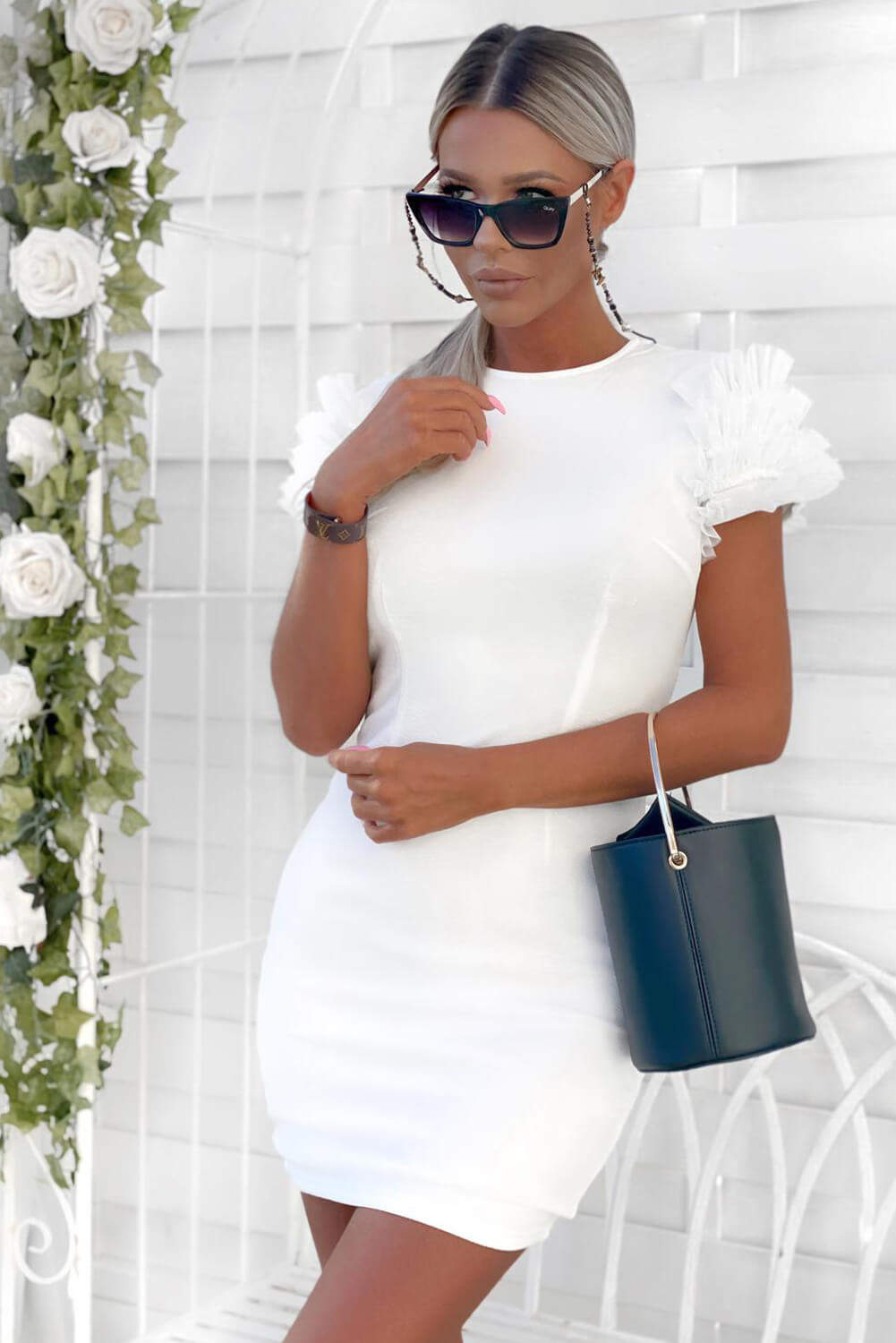 Kikodress - Cream Ruffle Mesh Sleeve Bodycon Dress