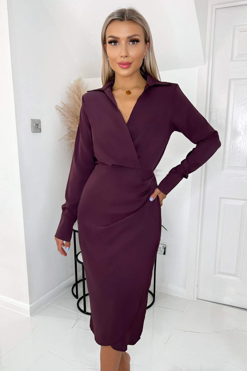 Kikodress - Plum Long Sleeve Midi Dress With Shoulder Pads