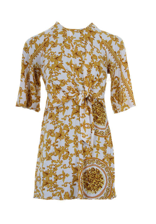 Kikodress - White And Gold Patterned Shift Dress With Flared Sleeves
