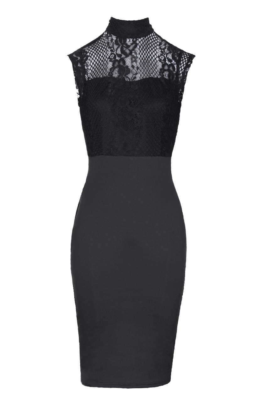 Kikodress - Black High Neck Lace Detail Midi Dress