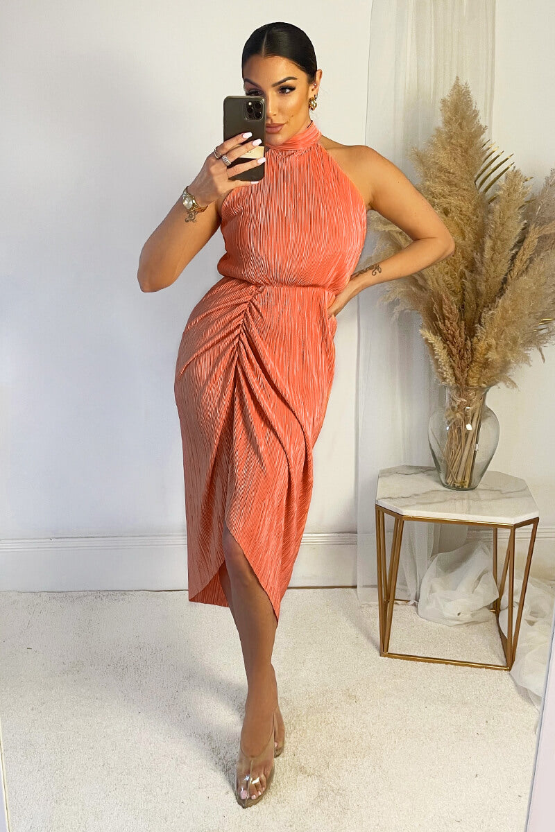 Kikodress - Peach Halter Neck Plisse Gathered Midi Dress
