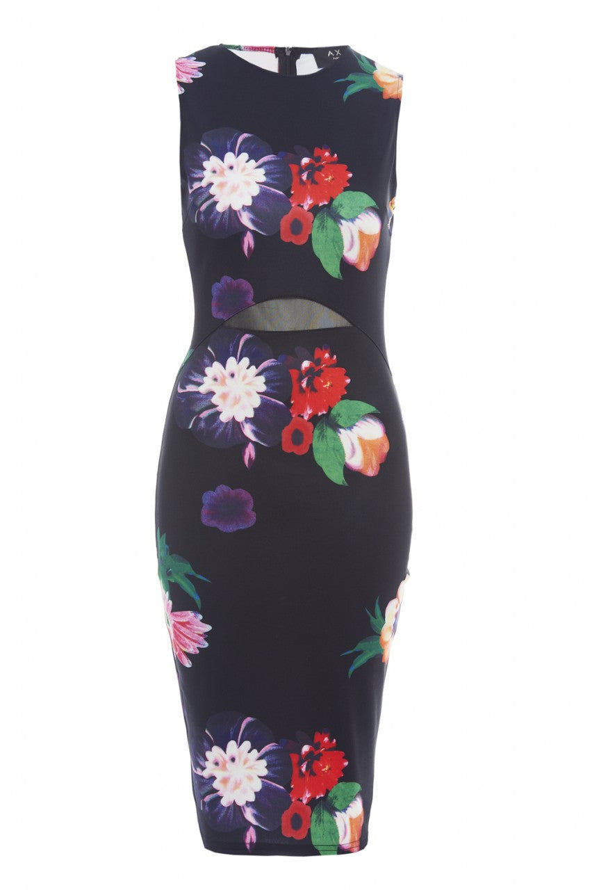 Kikodress - Floral Bodycon Midi With Mesh Insert
